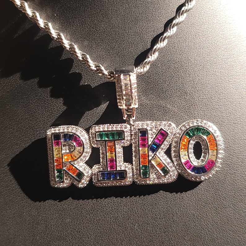 Personalized Icy Baguette Letter Necklace: Custom Rainbow Color Name ...