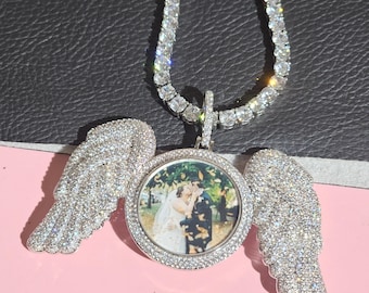 Iced Out Custom Angel Wings Photo Pendant,Customized Picture Necklace,Memorable Gift,Personalised Jewelry