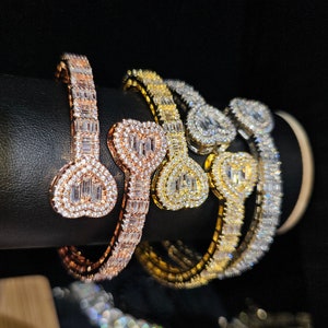Iced Out Baguette Opened Heart Charm Bracelet 7inch 8 inch,Cubic Zircon Heart Cuff Bangle,Hiphop Wrist Personalized Jewelry,Gift for Her