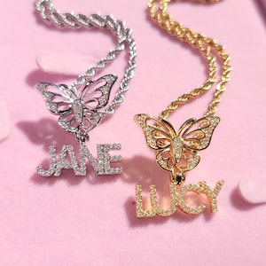 Custom Icy Butterfly Name Necklace: Cubic Zirconia Mini Letter Pendant
