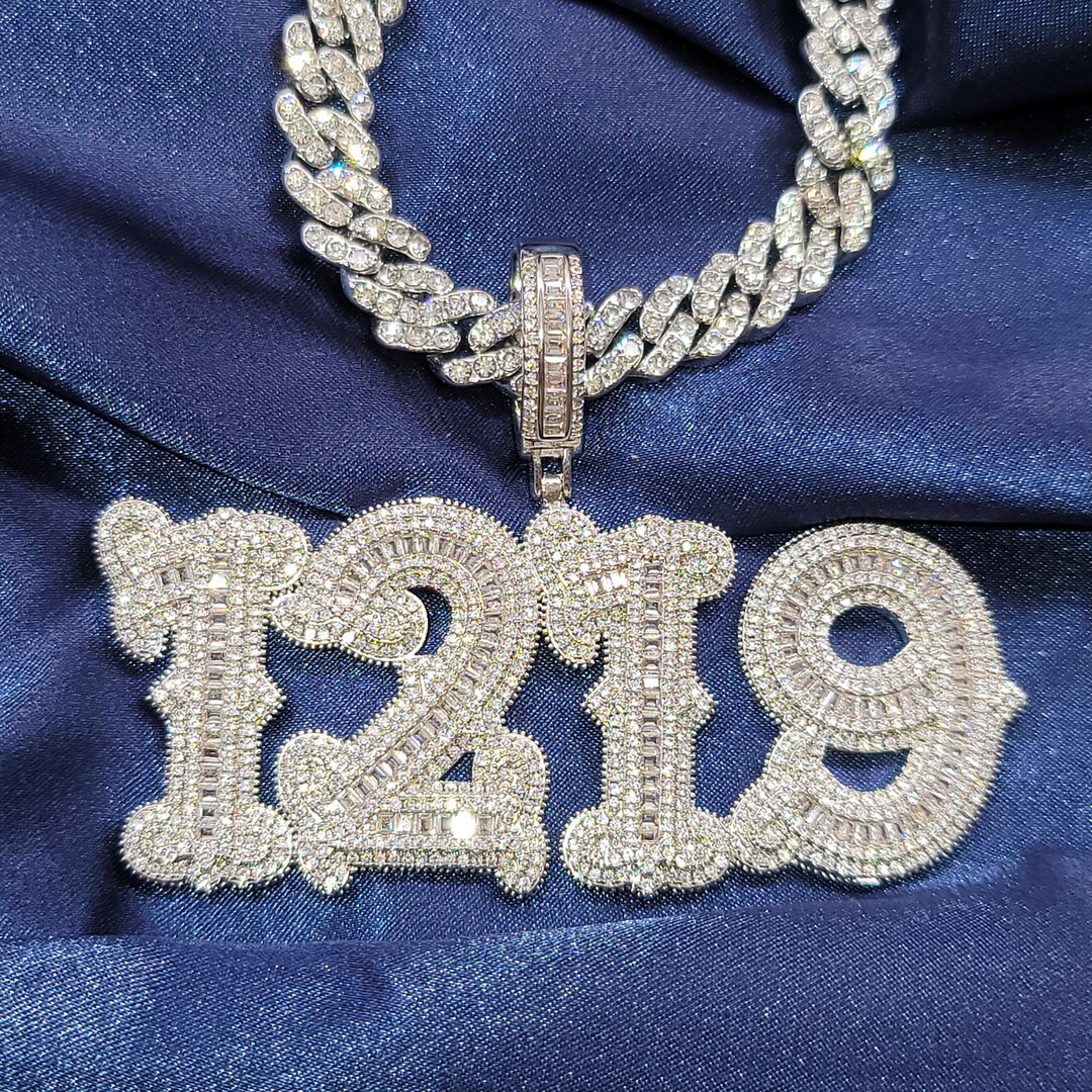 Iced Out Custom Number Name Necklace: Baguette CZ Cuban Chain - Etsy