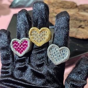 Handmade Big Pink Baguette Heart Ring,Full Paved Iced Out Heart Ring,Silver Ring,Gift for Her,Hip Hop Ring,Girls Delicate Diamond Jewelry