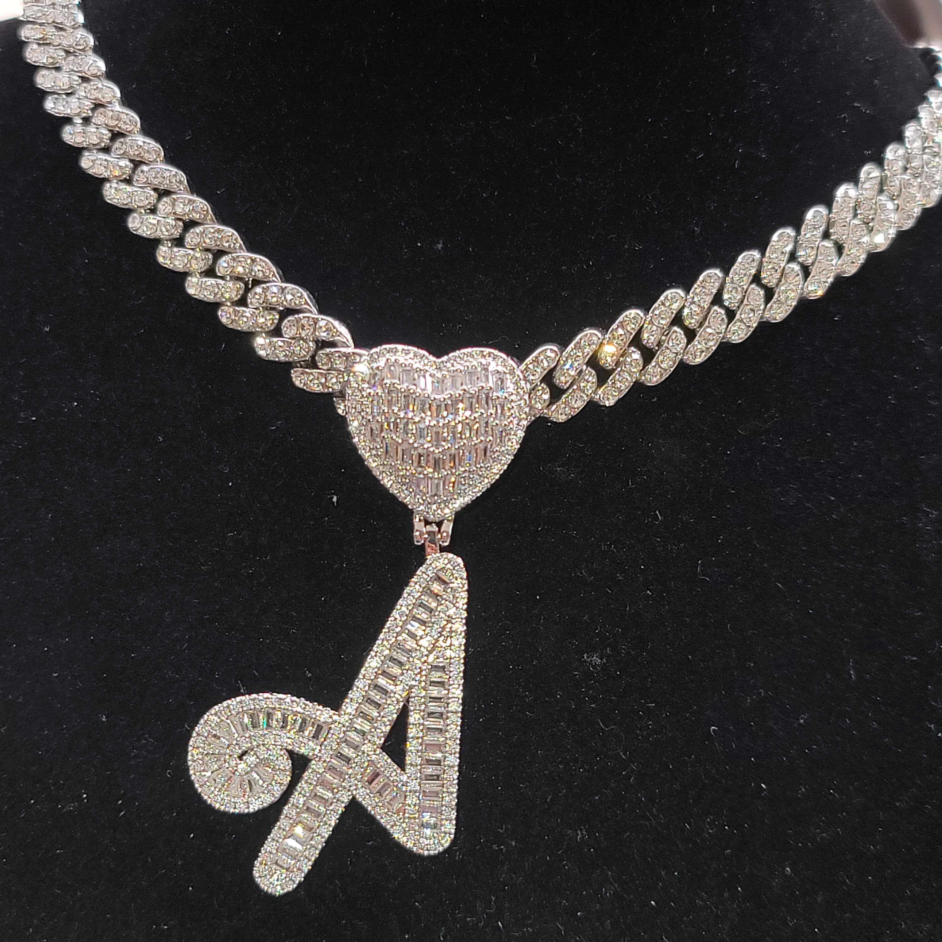 Icy Square Diamond Heart Clasp Initial Necklace With Cuban Etsy