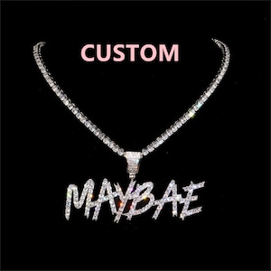 Custom Icy Name Necklace,CZ Tennis Chain,Diamond Brush Letter Pendants,Personalized Jewelry,Birthday Gifts for Her