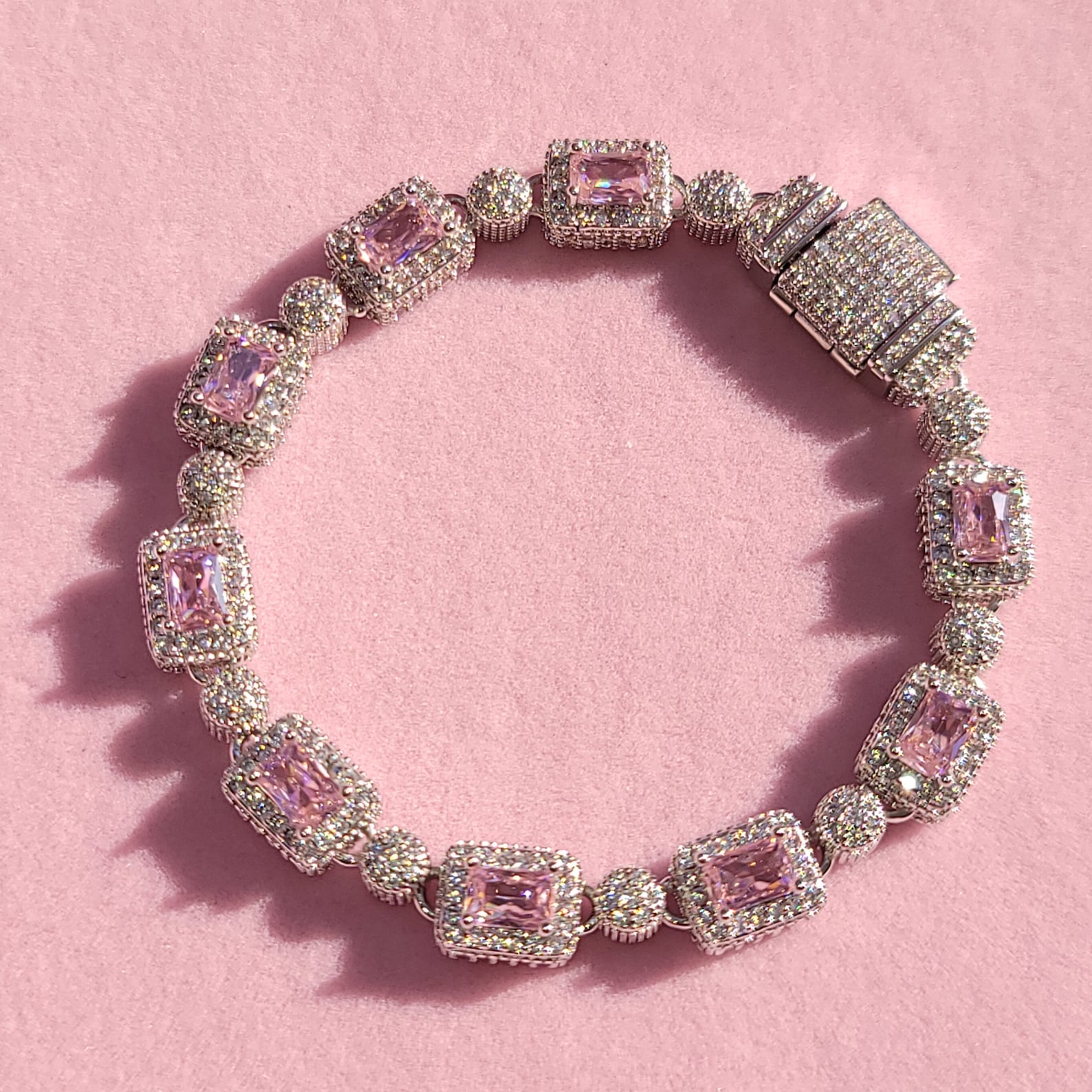 Iced Out Hip Hop Bracelet: Pink & White Cubic Zirconia, Handmade