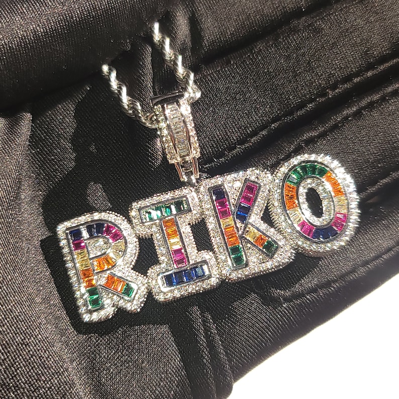 Personalized Icy Baguette Letter Necklace: Custom Rainbow Color Name ...