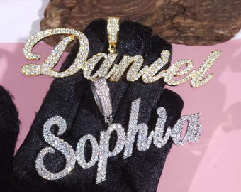 Custom Script Letter Name Necklace:  Customized Nameplate, Iced Out Pendant, Hip Hop Jewelry
