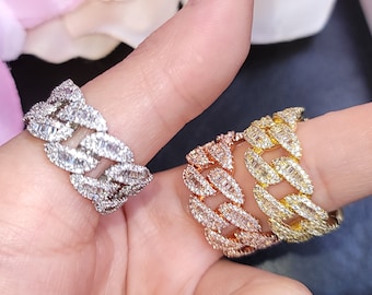 VVS Simulated Lab CZ Cuban Link Baguettes Rings,Diamond Prong Statement Ring,Hip Hop Ring,Full Iced Out Ring For Men Women,Prom Jewelry