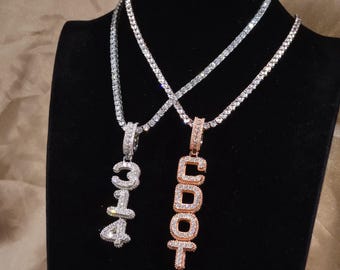 Custom Iced Out Vertical Name Necklace Tennis Chain,Diamond Numbers Pendants,Women Girls  Jewelry