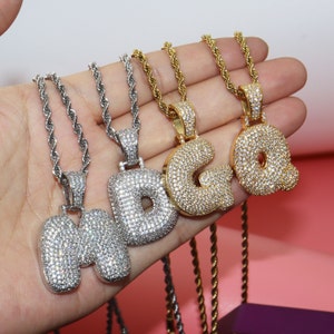 Iced Out Initial Pendant Necklace – Stainless Steel Rope Chain, Hip Hop Style (A-Z)