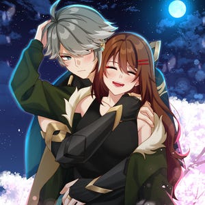 May include: An anime-style illustration of two characters under a full moon. One character has short gray hair and wears a dark green jacket with fur trim. The other character has long brown hair and wears a black sleeveless top with dark arm guards.