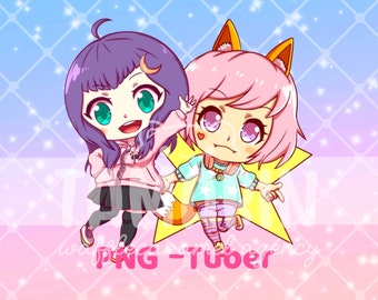 Puede incluir: Dos personajes de dibujos animados de estilo anime, uno con cabello morado y una luna creciente en la cabeza, y el otro con cabello rosado y orejas de zorro, están de pie juntos sobre un fondo rosa y azul con estrellas. El personaje con cabello morado lleva una sudadera rosa y pantalones negros, mientras que el personaje con cabello rosado lleva un suéter azul y verde y pantalones morados. El texto "PNG-Tuber" es visible en la parte inferior de la imagen.