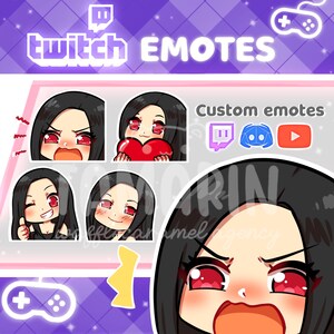 Puede incluir: Un conjunto de cuatro emoticonos personalizados de Twitch que representan a una mujer de dibujos animados con cabello negro y ojos rojos. Los emoticonos muestran diferentes expresiones, incluyendo enojada, feliz, sorprendida y enamorada. Los emoticonos est&aacute;n dise&ntilde;ados para su uso en Twitch y otras plataformas de transmisi&oacute;n.