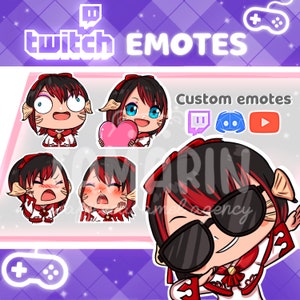 Puede incluir: Un conjunto de cinco emoticonos personalizados de Twitch que muestran un personaje de dibujos animados con cabello rojo y un vestido blanco. Los emoticonos muestran diferentes expresiones, incluyendo sorpresa, rubor y gafas de sol. Los emoticonos est&aacute;n dise&ntilde;ados para su uso en Twitch, Discord y YouTube.