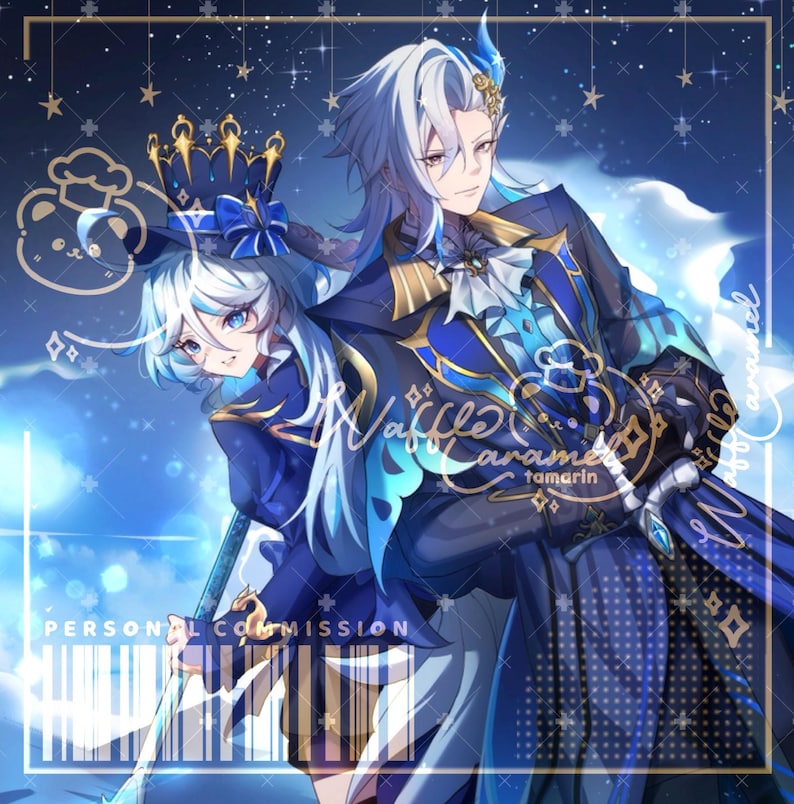 May include: An anime-style illustration featuring two characters with light blue hair in dark blue and gold formal attire. One character wears a tall blue hat with a bow, while the other has a ruffled cravat. Text includes Waffle Caramel, tamarin, and PERSONAL COMMISSION.