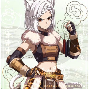May include: An anime-style illustration of a character with white hair, cat ears, and a braided crown. The character wears a brown and black outfit with fur trim, holding small red and black sticks. Text includes 'tamarin' and 'Waffle Caramel'.
