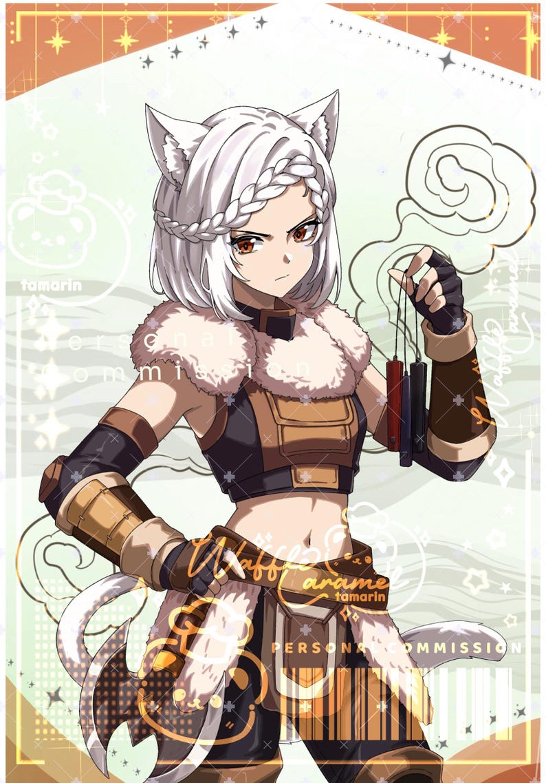 May include: An anime-style illustration of a character with white hair, cat ears, and a braided crown. The character wears a brown and black outfit with fur trim, holding small red and black sticks. Text includes 'tamarin' and 'Waffle Caramel'.