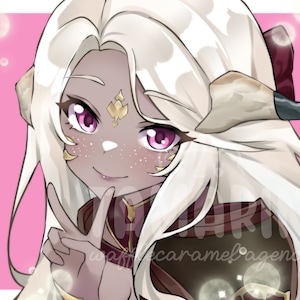 May include: A digital illustration of a character with long white hair, light-colored horns, and dark skin with freckles. The character has bright pink eyes, a gold forehead ornament, and is wearing dark armor. The background is a bright pink.