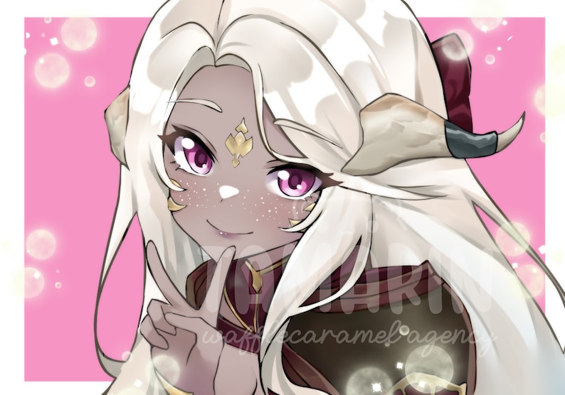 May include: A digital illustration of a character with long white hair, light-colored horns, and dark skin with freckles. The character has bright pink eyes, a gold forehead ornament, and is wearing dark armor. The background is a bright pink.
