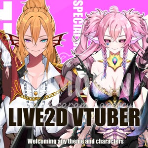 Op de afbeelding: Promotieafbeelding voor Live2D VTuber-diensten. De afbeelding toont twee anime-achtige personages met blond en roze haar, en een zeemeermin-achtige esthetiek. De tekst "LIVE2D VTUBER" en "Welcoming any theme and characters" wordt weergegeven.