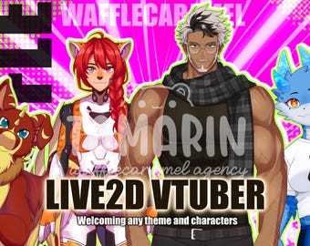 May include: A colorful illustration featuring four characters, including a red-haired woman with cat ears, a man with a plaid scarf, a brown furry creature with wings, and a blue dragon-like creature. The text "LIVE2D VTUBER" is in large, bold letters at the bottom of the image.