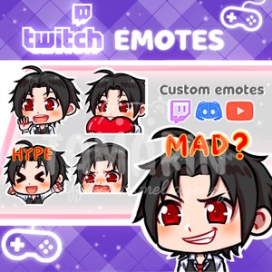 Puede incluir: Un conjunto de cuatro emotes de Twitch que presentan un personaje de dibujos animados con diferentes expresiones. Los emotes incluyen "Hype", "Mad?", "Love" y una cara sonriente. Los emotes est&aacute;n dise&ntilde;ados para su uso en Twitch.