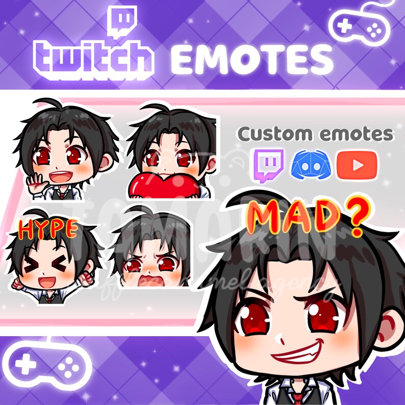 Puede incluir: Un conjunto de cuatro emotes de Twitch que presentan un personaje de dibujos animados con diferentes expresiones. Los emotes incluyen "Hype", "Mad?", "Love" y una cara sonriente. Los emotes est&aacute;n dise&ntilde;ados para su uso en Twitch.