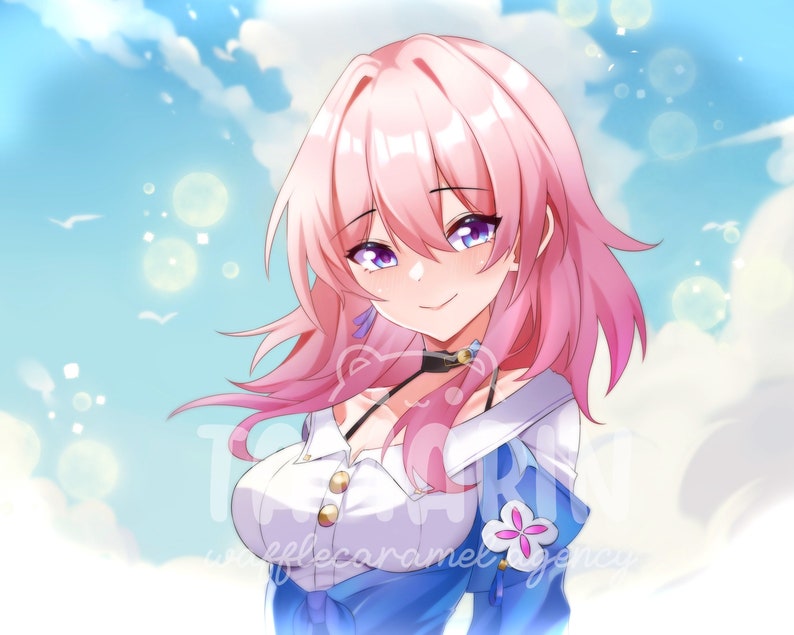May include: An anime-style illustration of a character with shoulder-length pink hair and purple eyes. The character wears a white collared shirt with gold buttons, a black choker, and a blue garment. The background features a bright blue sky.