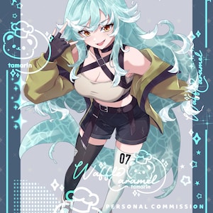 May include: An anime-style illustration of a character with long, flowing mint-green hair, wearing a beige crop top, black shorts, and an olive-green jacket. The character has amber eyes and wears white boots. Text includes Waffle Caramel, 07, and Personal Commission.