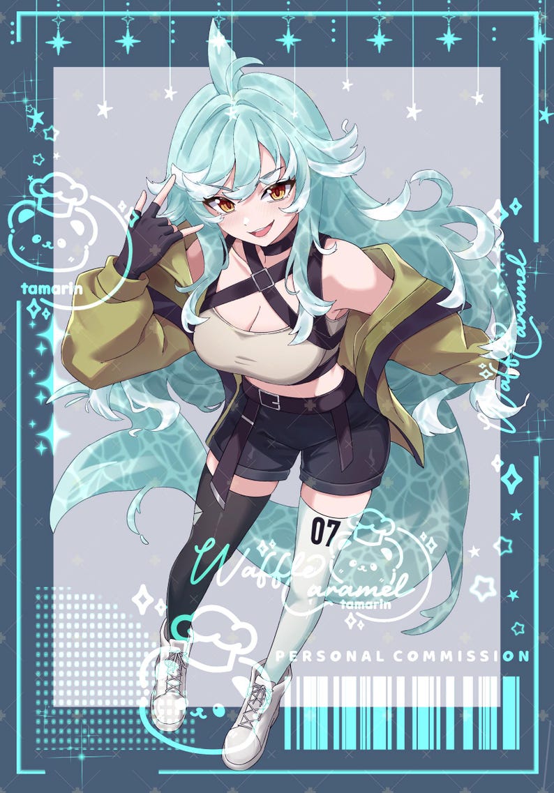 May include: An anime-style illustration of a character with long, flowing mint-green hair, wearing a beige crop top, black shorts, and an olive-green jacket. The character has amber eyes and wears white boots. Text includes Waffle Caramel, 07, and Personal Commission.