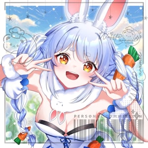 May include: A digital illustration of an anime-style character with long light blue hair in twin braids, white rabbit ears, and amber eyes. The character wears a white outfit with carrot accessories and makes a peace sign with both hands. Text reads Waffle caramel tamarin and PERSONAL COMMISSION.
