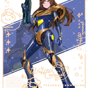 May include: An anime-style illustration of a character in a blue and gold armored suit holding a futuristic blaster. The character has brown hair with goggles and is set against a blue diagonal background with text reading Waffle caramel.