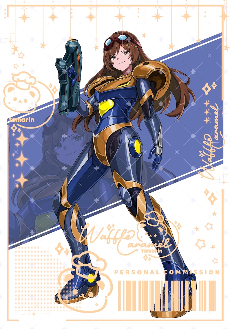 May include: An anime-style illustration of a character in a blue and gold armored suit holding a futuristic blaster. The character has brown hair with goggles and is set against a blue diagonal background with text reading Waffle caramel.