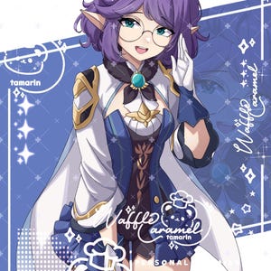 May include: An anime-style illustration of a character with short purple hair, pointed ears, and round glasses. The character wears a blue and white outfit with a teal gemstone brooch, a red hair bow, and white gloves, set against a blue background.