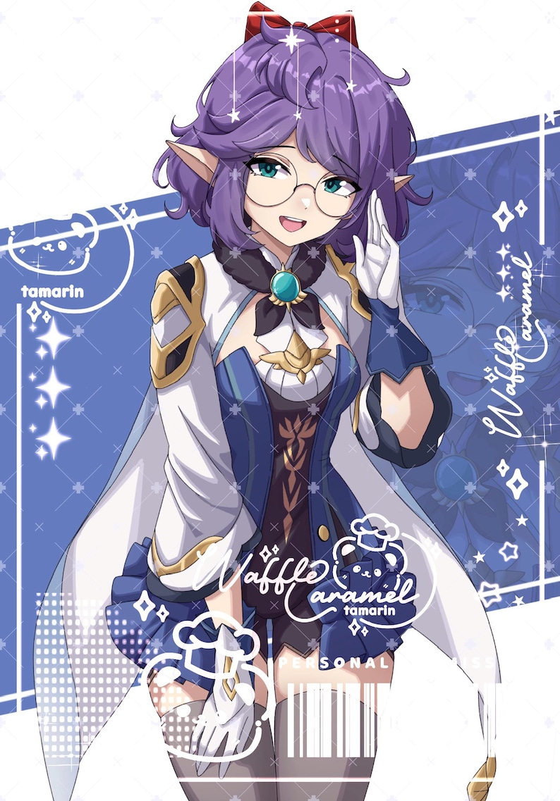 May include: An anime-style illustration of a character with short purple hair, pointed ears, and round glasses. The character wears a blue and white outfit with a teal gemstone brooch, a red hair bow, and white gloves, set against a blue background.
