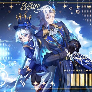 May include: An anime-style illustration featuring two characters in blue and black formal attire with light blue hair. The text Waffle Caramel and Personal Commission appears alongside a barcode graphic, star accents, and a small bear icon.