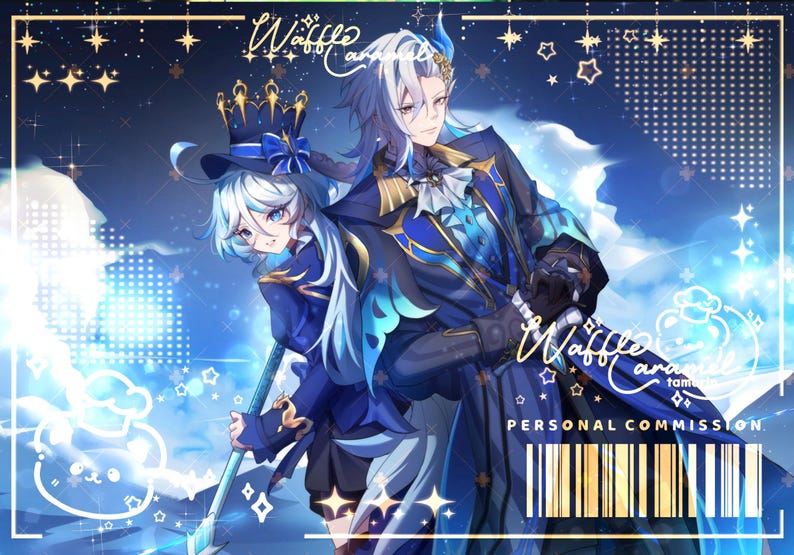 May include: An anime-style illustration featuring two characters in blue and black formal attire with light blue hair. The text Waffle Caramel and Personal Commission appears alongside a barcode graphic, star accents, and a small bear icon.