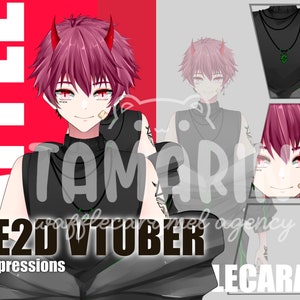 May include: A digital illustration of a character with red eyes, pink hair, and devil horns. The character is wearing a black shirt with a green necklace and a black sleeveless shirt. The text "LIVE2D VTUBER" is in black letters on a white background. The text "Free 2 expressions" is in black letters on a white background. The text "LECARAMEL" is in black letters on a white background.