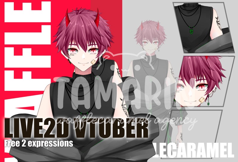 May include: A digital illustration of a character with red eyes, pink hair, and devil horns. The character is wearing a black shirt with a green necklace and a black sleeveless shirt. The text "LIVE2D VTUBER" is in black letters on a white background. The text "Free 2 expressions" is in black letters on a white background. The text "LECARAMEL" is in black letters on a white background.