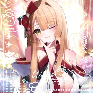 May include: An anime-style illustration of a character with long blonde hair, a red hair bow, and amber eyes, wearing a white and red garment. The image features text including 'tamarin', 'Waffle caramel', and 'PERSONAL COMMISSION' with a barcode.