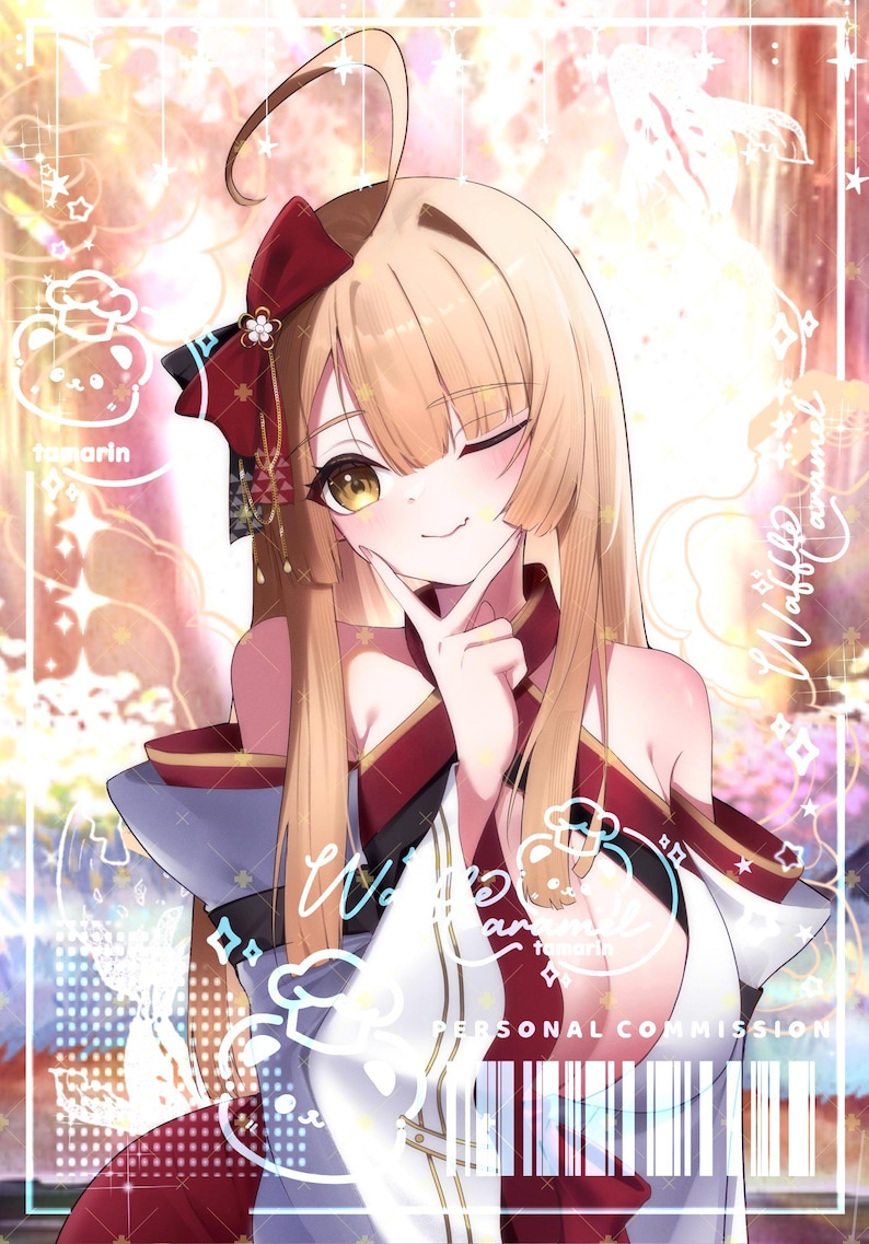 May include: An anime-style illustration of a character with long blonde hair, a red hair bow, and amber eyes, wearing a white and red garment. The image features text including 'tamarin', 'Waffle caramel', and 'PERSONAL COMMISSION' with a barcode.