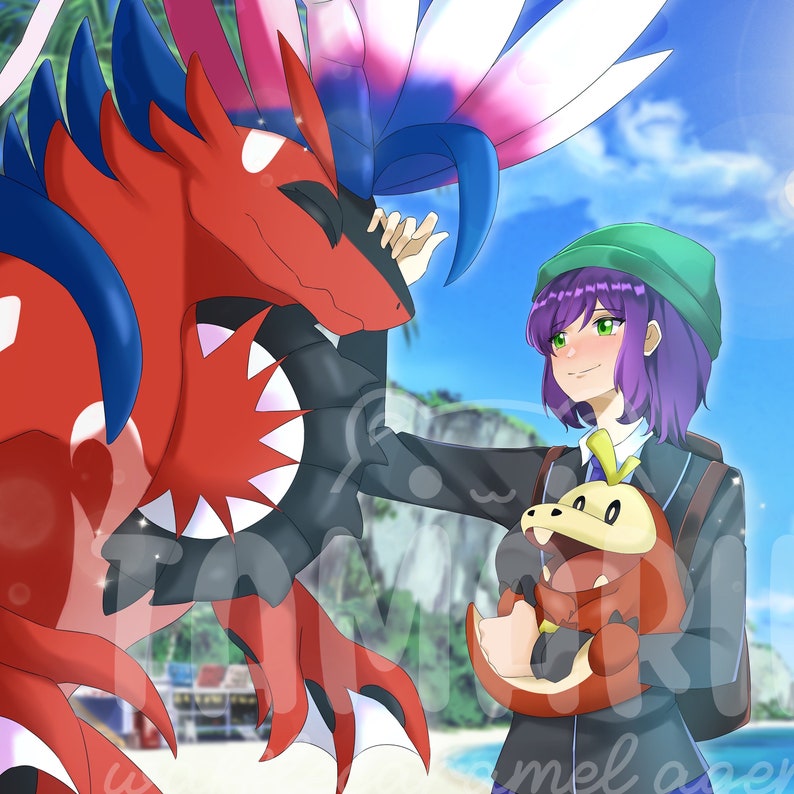 May include: A digital illustration featuring a large red and blue dragon-like creature with a spiky crest, a person with purple hair wearing a green beanie, and a small orange crocodile-like creature held in the person's arms against a bright sky.