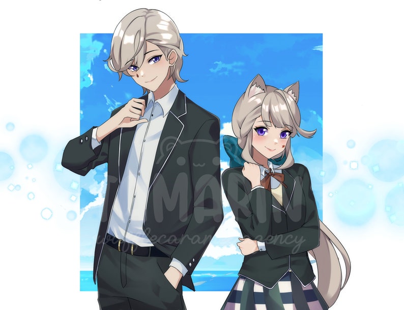May include: An anime-style illustration featuring two characters. One character has short light hair and wears a black suit with a white shirt. The other character has cat ears, light hair, a dark blazer, a white shirt with a brown tie, and a plaid skirt.