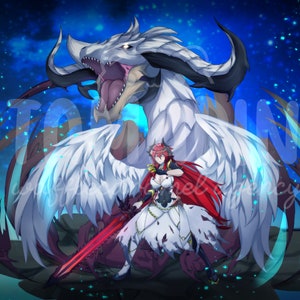 May include: A digital illustration featuring a white dragon with large wings and a roaring mouth positioned behind a figure with long red hair, wearing a white and black outfit, and holding a large sword with a glowing red blade against a starry sky.