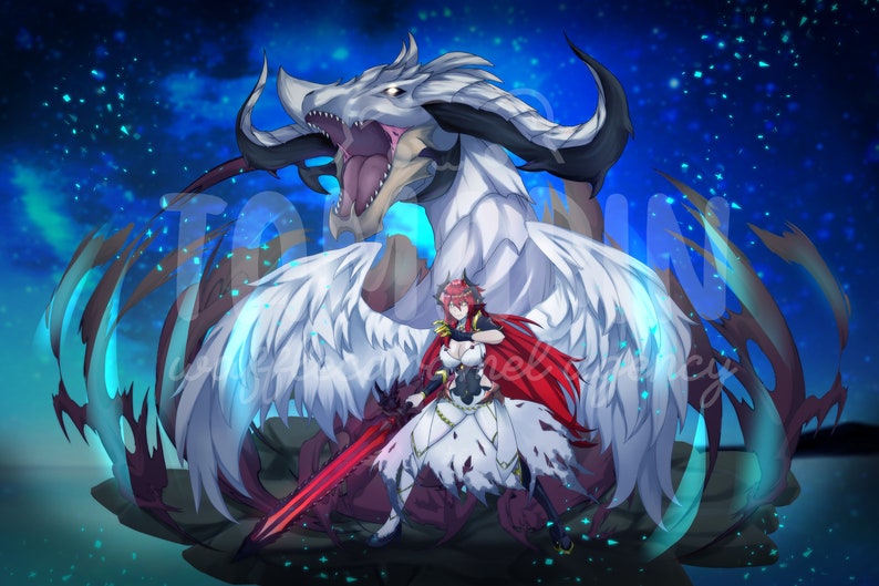 May include: A digital illustration featuring a white dragon with large wings and a roaring mouth positioned behind a figure with long red hair, wearing a white and black outfit, and holding a large sword with a glowing red blade against a starry sky.