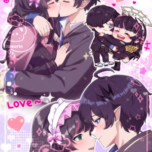 May include: An anime-style illustration featuring two characters with dark hair in school uniforms. One character wears a pink-trimmed maid headband. They are shown kissing and embracing in two separate panels, with a smaller chibi version of the pair.