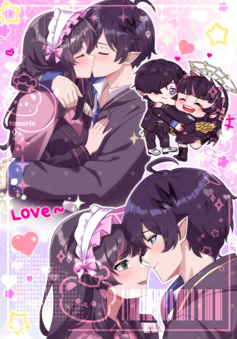 May include: An anime-style illustration featuring two characters with dark hair in school uniforms. One character wears a pink-trimmed maid headband. They are shown kissing and embracing in two separate panels, with a smaller chibi version of the pair.