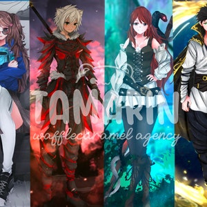 May include: A digital illustration featuring four distinct anime-style characters arranged in vertical panels. The artwork displays a variety of character designs, including a person in a blue hoodie, a warrior in red and black armor, a figure in a corset, and a character in a white tunic with a dark cape, all overlaid with the text TAMARIN wafflecaramel agency.
