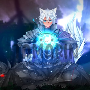 May include: An anime-style illustration of a white-haired character with cat ears wearing dark gray plate armor. The character holds a glowing blue orb featuring a small cat face icon. The text TOMORIN and wafflecaramel agency are visible.