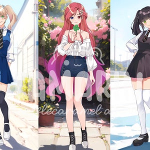 May include: Three anime-style illustrations featuring characters in distinct outfits: a blue jumper dress with a white shirt and tie, a white off-shoulder top with dark shorts, and a black jumper dress with a white shirt and tie, all with varied hairstyles.